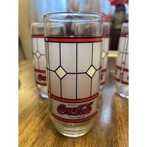4pc Vintage Coca Cola Stained Glass Drinking Glasses Red Coke Collectible Clean!